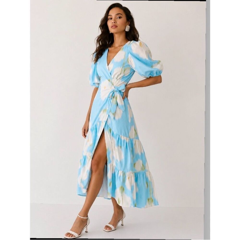 Anthropologie Hutch Marisol Puff Sleeve Floral Wrap Midi Dress Size SP Sky Blue